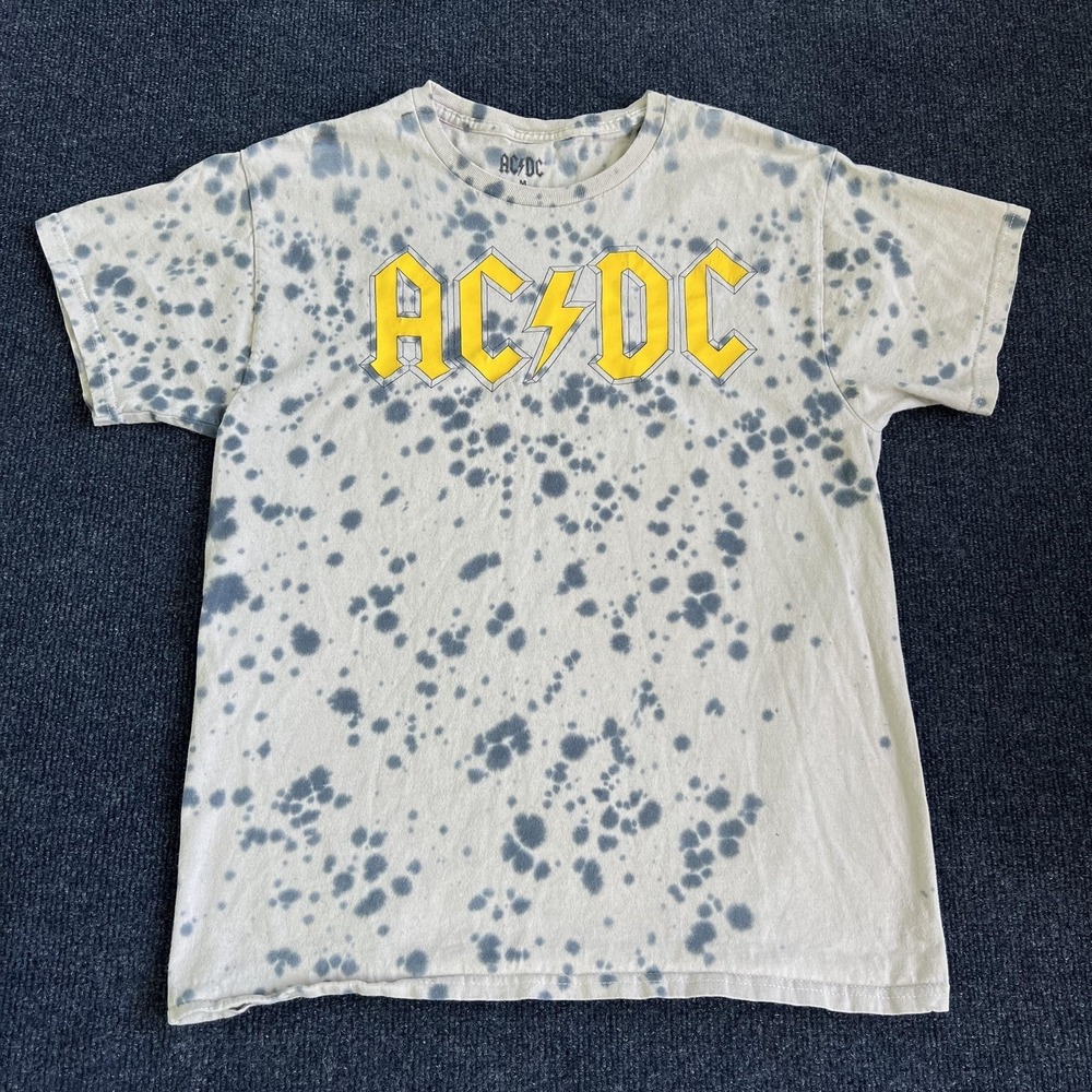 AC/DC Shirt Mens Medium Gray Bleach Tie Dye Band Graphic Rock Tee Music 2022
